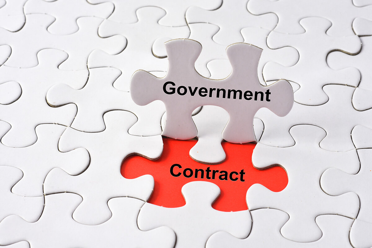 A puzzle piece with the words government and contract, representing Proposal Support for the Federal Government.
