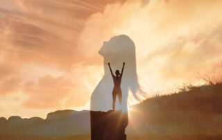 A double exposure image of a woman raising her arms in triumph is superimposed over a close-up side profile of a woman at sunset in a natural landscape.